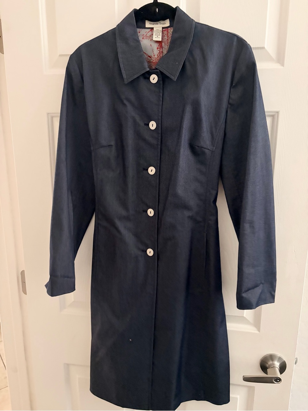 Amanda Smith Navy Single-Breasted Trench Coat, Contrast Buttons & Side Pockets